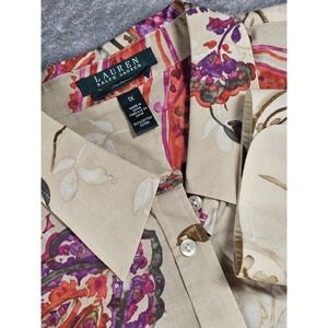 Lauren Ralph Lauren Womens 1X Paisley Floral Cotton Button Down Shirt Tan boho